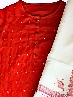 Indian Pakistani Two Piece Outfit - Dress and Scarf in Red, White and Silver
